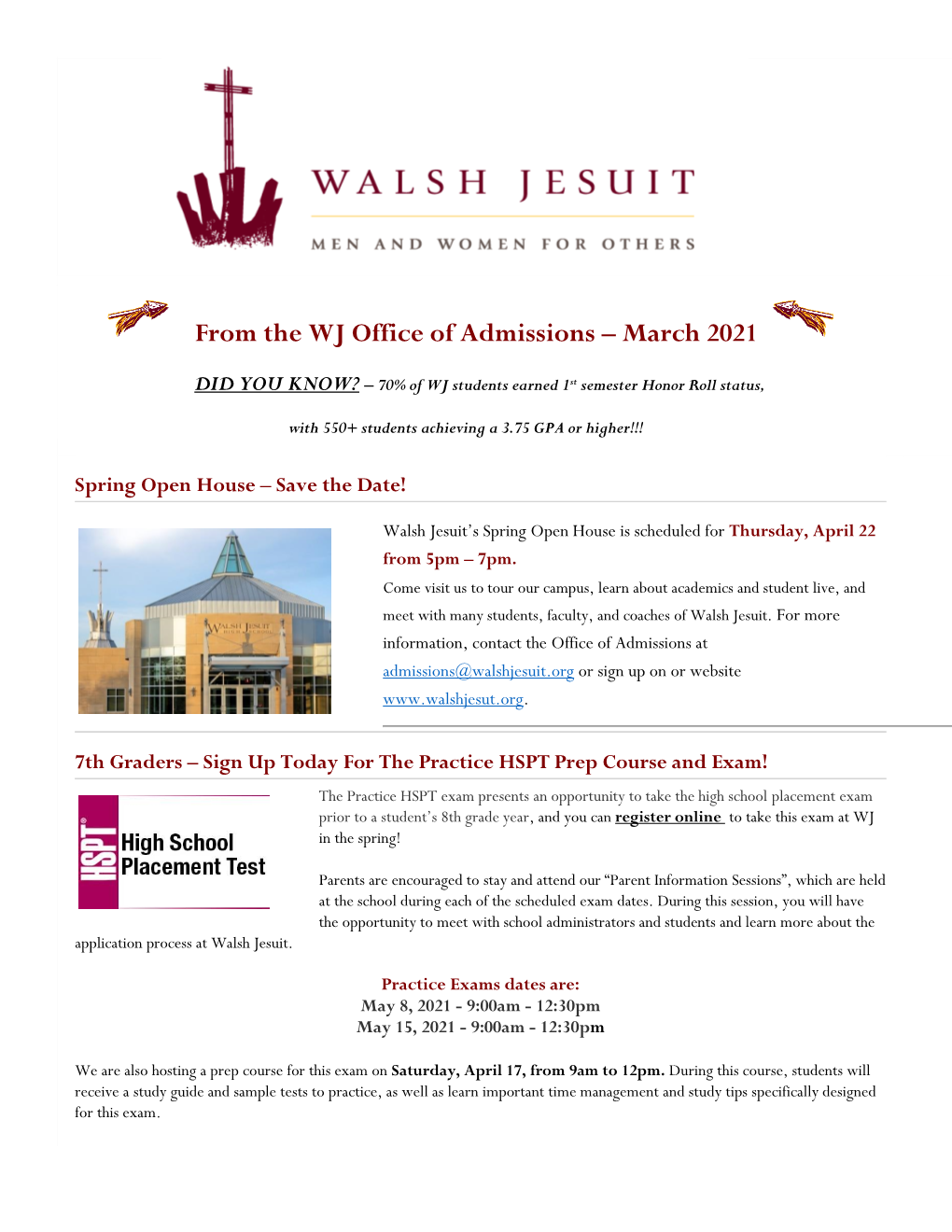 From the WJ Office of Admissions – March 2021