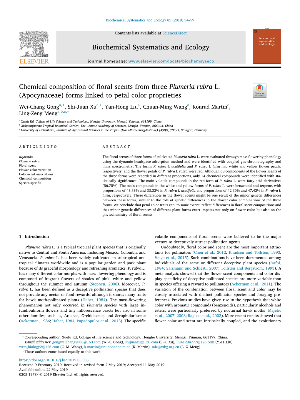 Chemical Composition of Floral Scents from Three Plumeria Rubra L