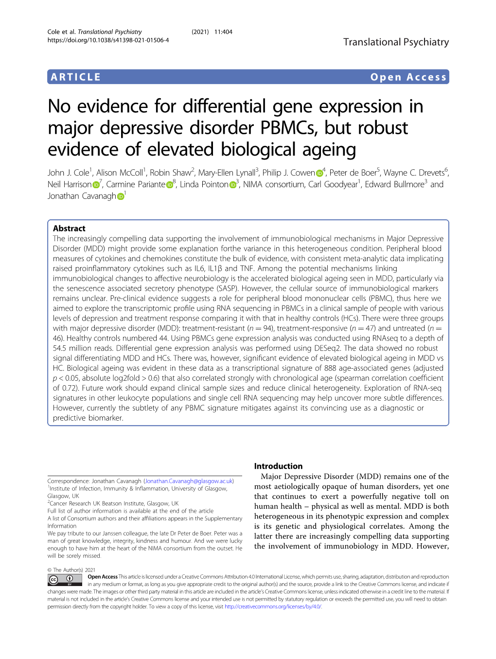 No Evidence for Differential Gene Expression in Major Depressive Disorder Pbmcs, but Robust Evidence of Elevated Biological Ageing John J