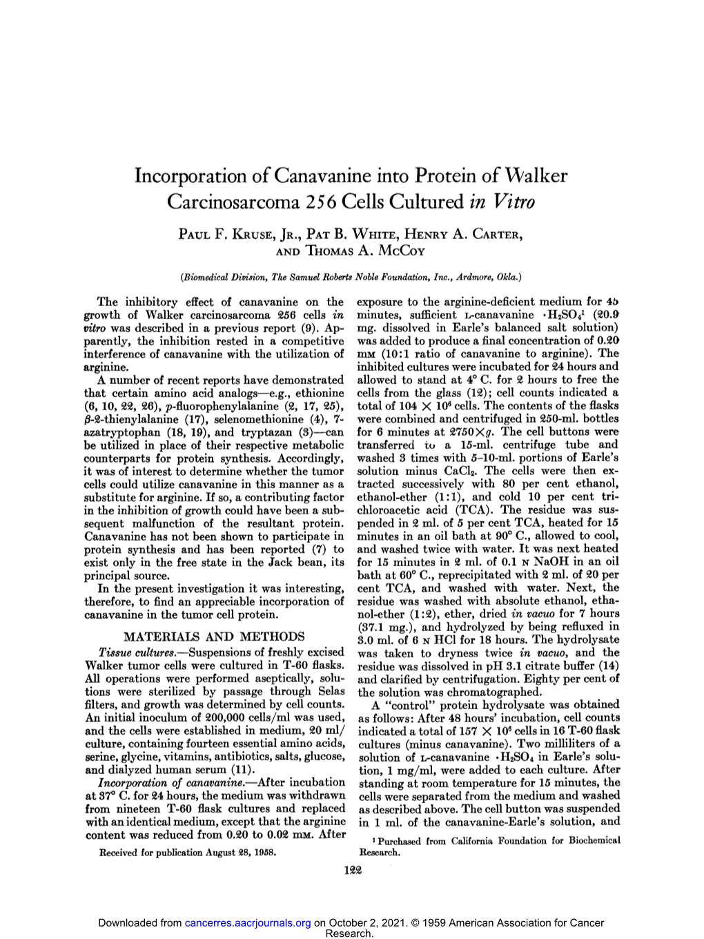 Incorporation of Canavanine Into Protein of Vvalker Carcinosarcoma 256 Cells Cultured in Vitro