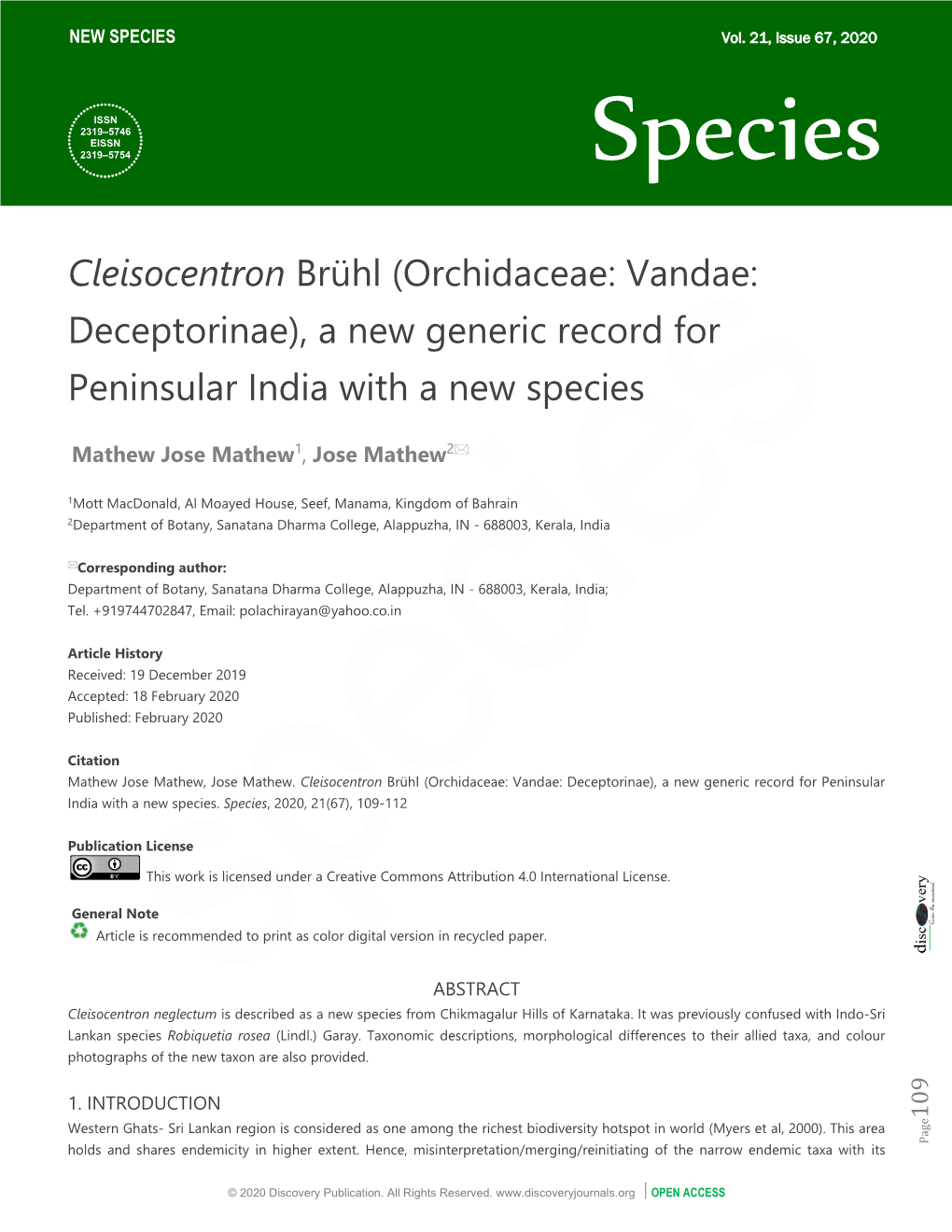 Cleisocentron Brühl (Orchidaceae: Vandae: Deceptorinae), a New Generic Record for Peninsular India with a New Species