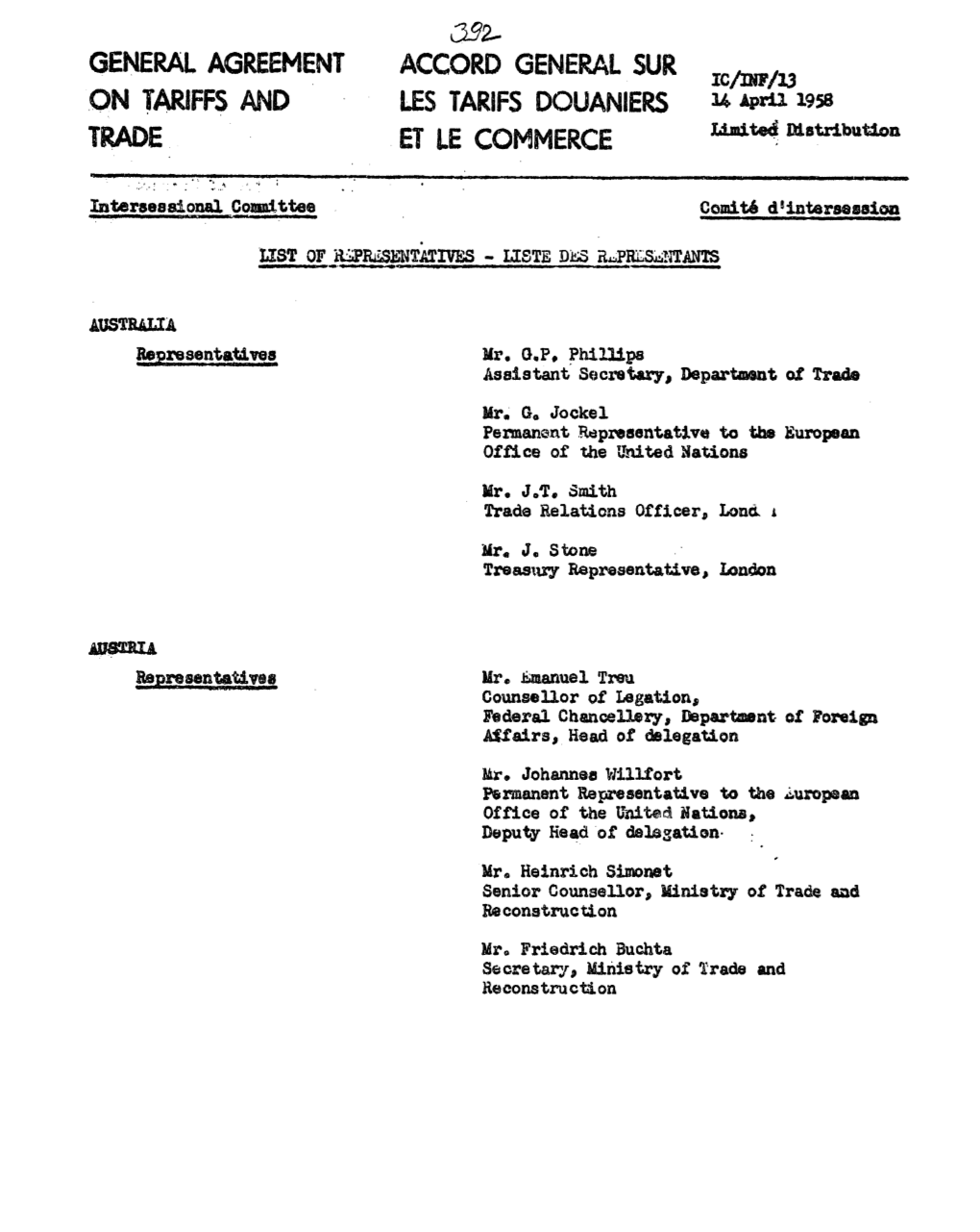 IC/INF/13 on TARIFFS and LES TARIFS DOUANIERS 14 April1958 TRADE ET LE COMMERCE Limited Distribution