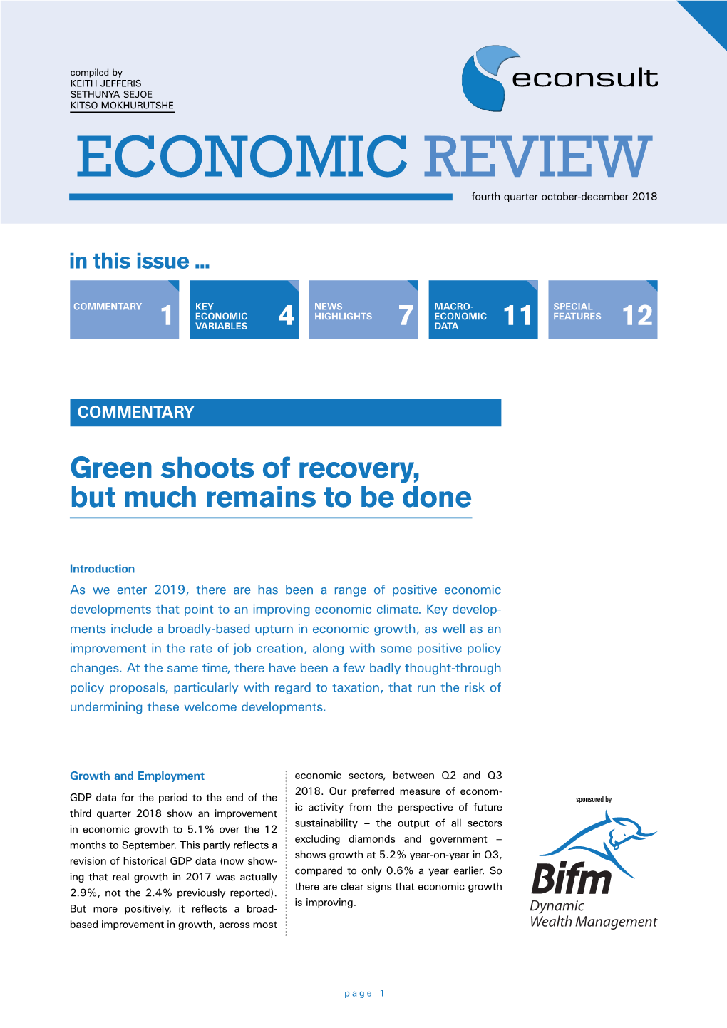 ECONOMIC REVIEW Fourth Quarter October-December 2018 in This Issue