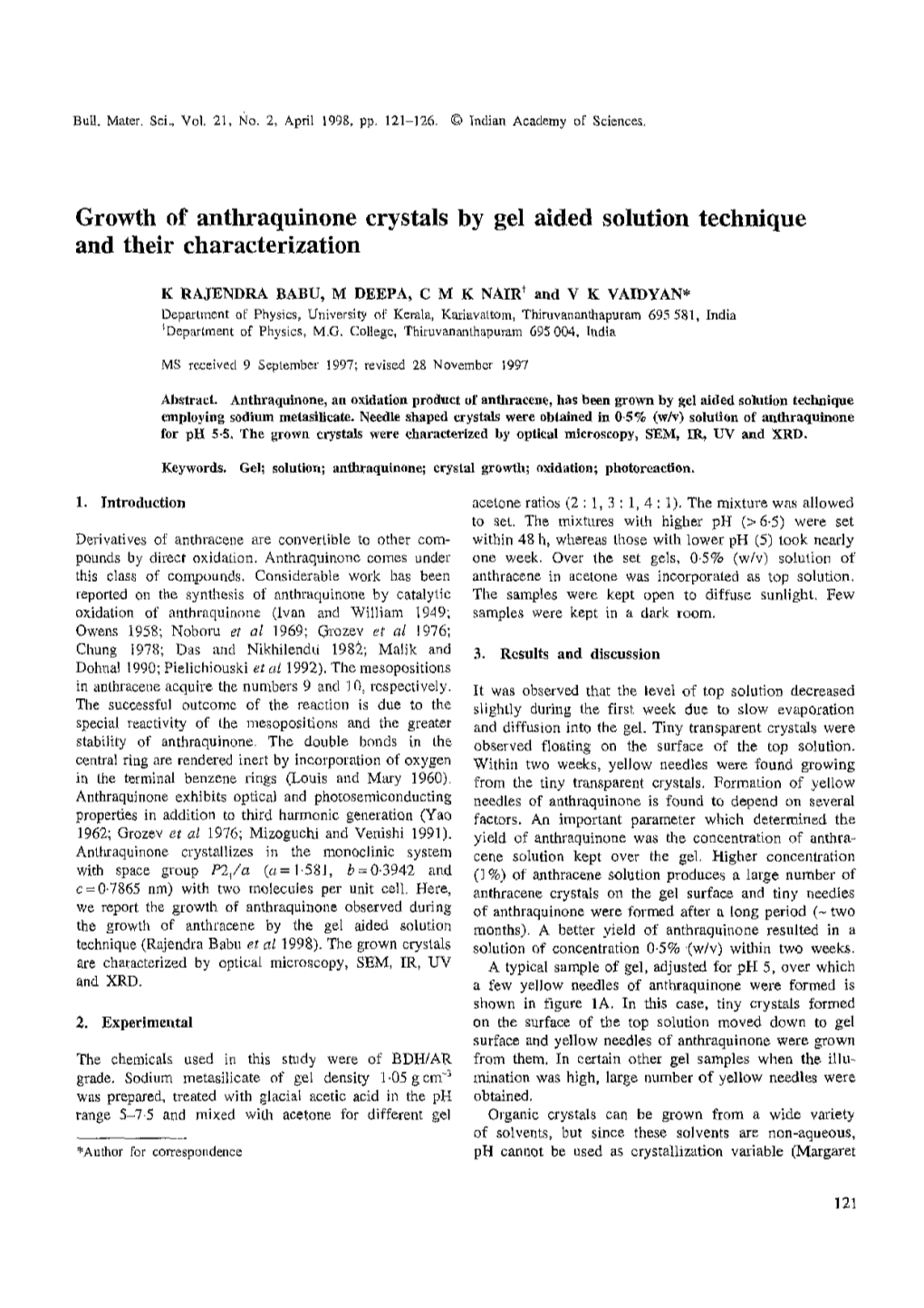 Growth of Anthraquinone Crystals by Gel Aided Solution Technique and Their Characterization