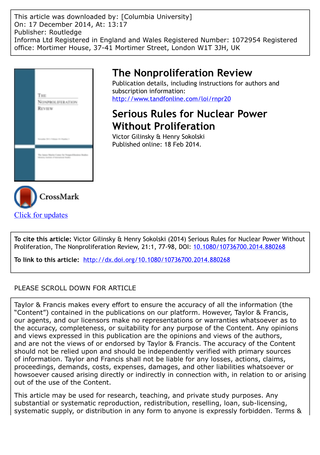Serious Rules for Nuclear Power Without Proliferation Victor Gilinsky & Henry Sokolski Published Online: 18 Feb 2014