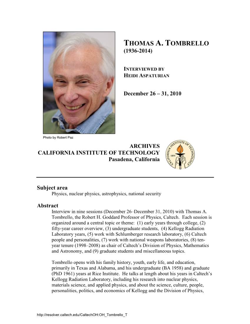 Interview with Thomas A. Tombrello