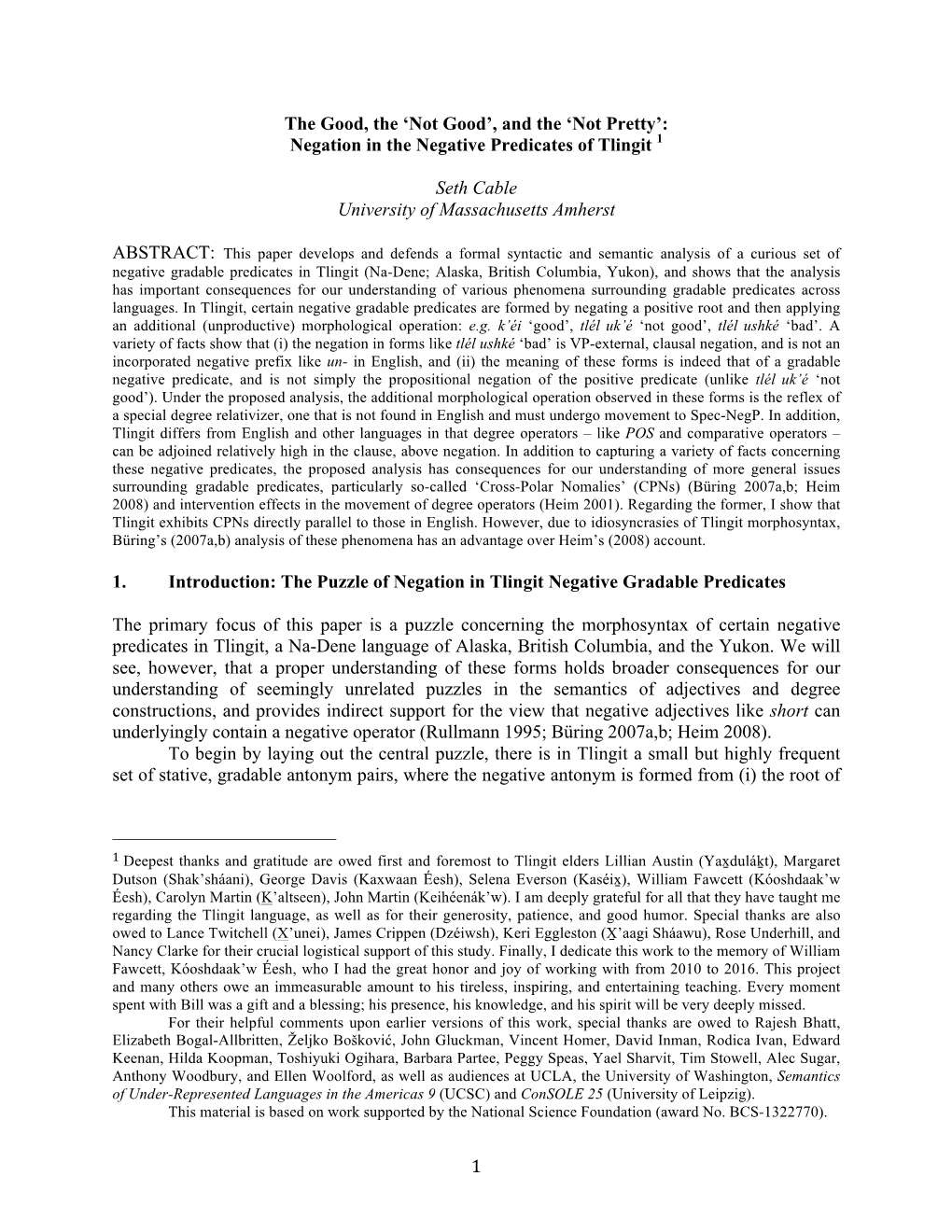 Negation in the Negative Predicates of Tlingit 1 Seth