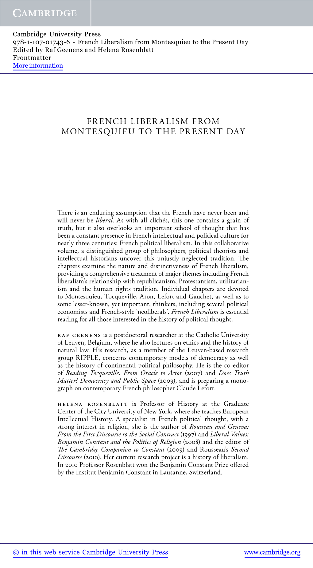 French Liberalism from Montesquieu to the Present Day Edited by Raf Geenens and Helena Rosenblatt Frontmatter More Information