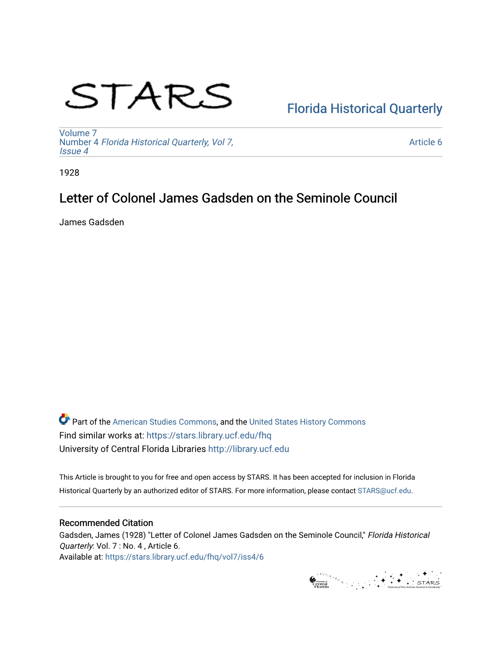 Letter of Colonel James Gadsden on the Seminole Council