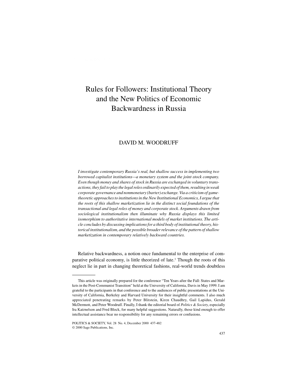 Rules for Followers: Institutional Theory and the New Politics of Economic Backwardness in Russia