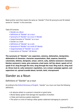 Slander”? Find 34 Synonyms and 30 Related Words for “Slander” in This Overview