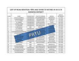 List of Head Masters Who Are Going to Retire in 2012 in Krishna District