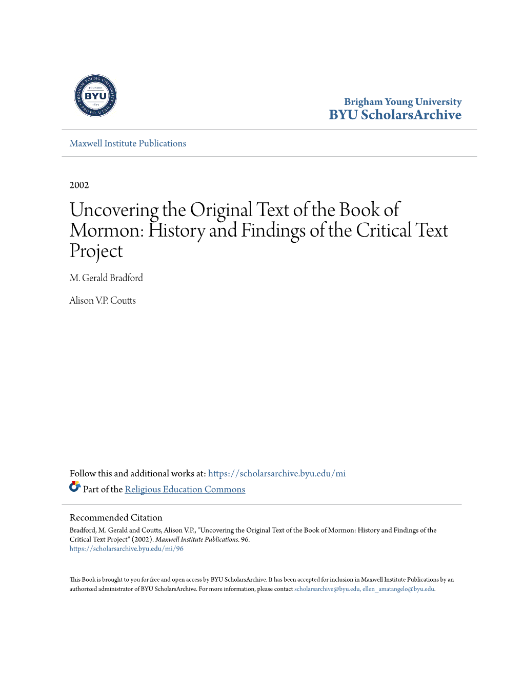 Uncovering the Original Text of the Book of Mormon: History and Findings of the Critical Text Project M