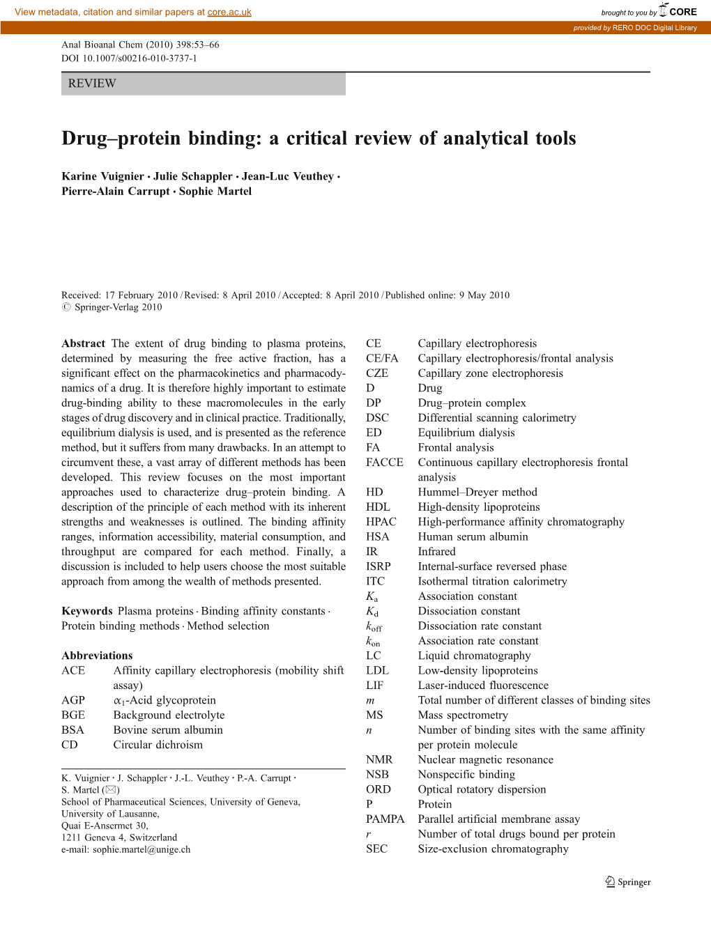 Drug–Protein Binding: a Critical Review of Analytical Tools