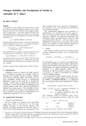 Nitrogen Solubility and Austenitic Fe-V Alloys* of Nitride In