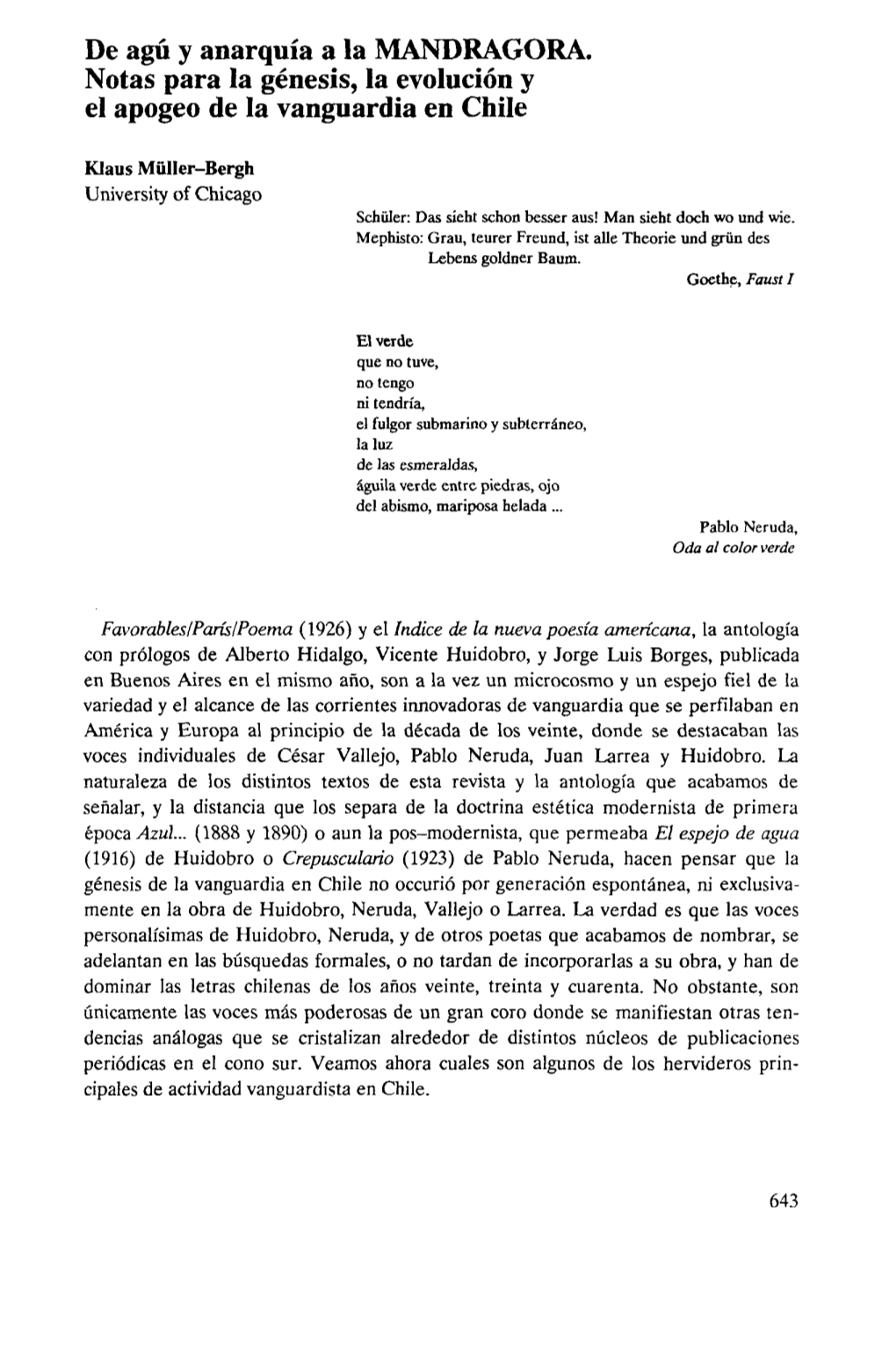 De Agú Y Anarquía a La MANDRAGORA. Notas Para La Génesis, La Evolución Y El Apogeo De La Vanguardia En Chile