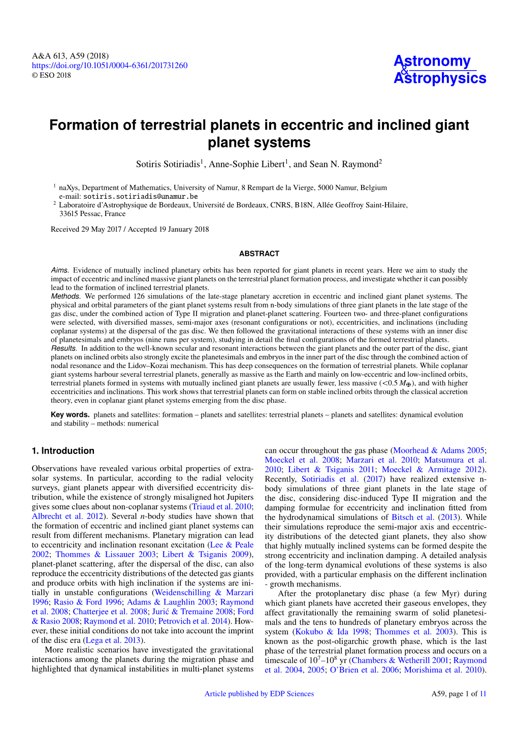 Formation of Terrestrial Planets in Eccentric and Inclined Giant Planet Systems Sotiris Sotiriadis1, Anne-Sophie Libert1, and Sean N