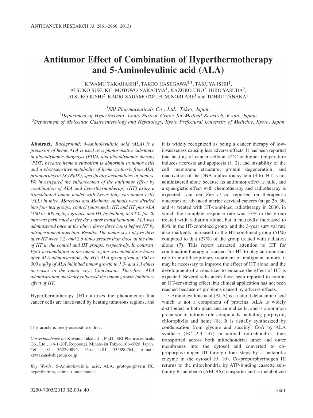 Antitumor Effect of Combination of Hyperthermotherapy and 5-Aminolevulinic Acid (ALA)
