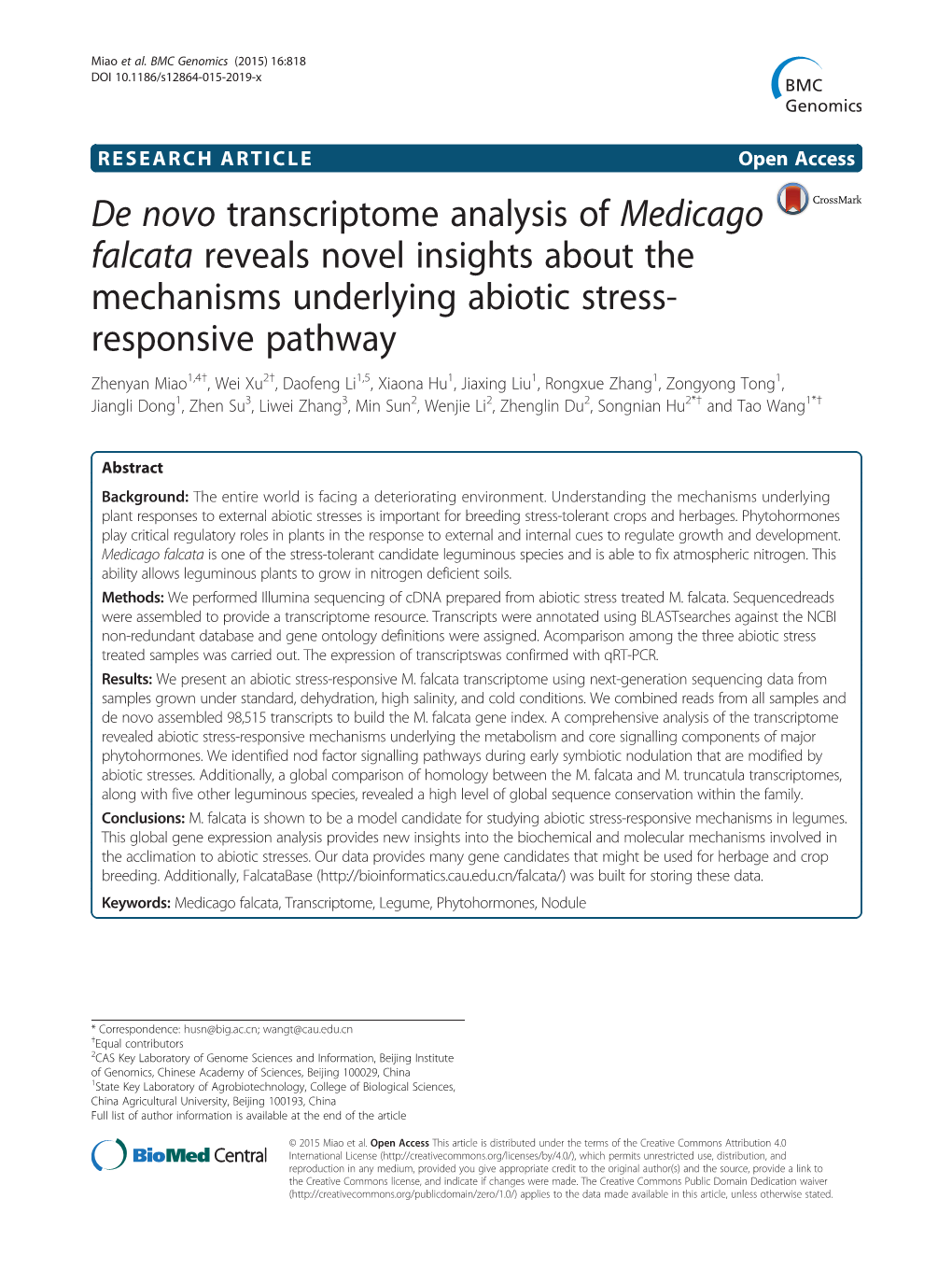 De Novo Transcriptome Analysis of Medicago Falcata