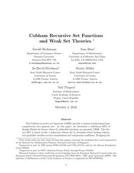 Cobham Recursive Set Functions and Weak Set Theories ∗