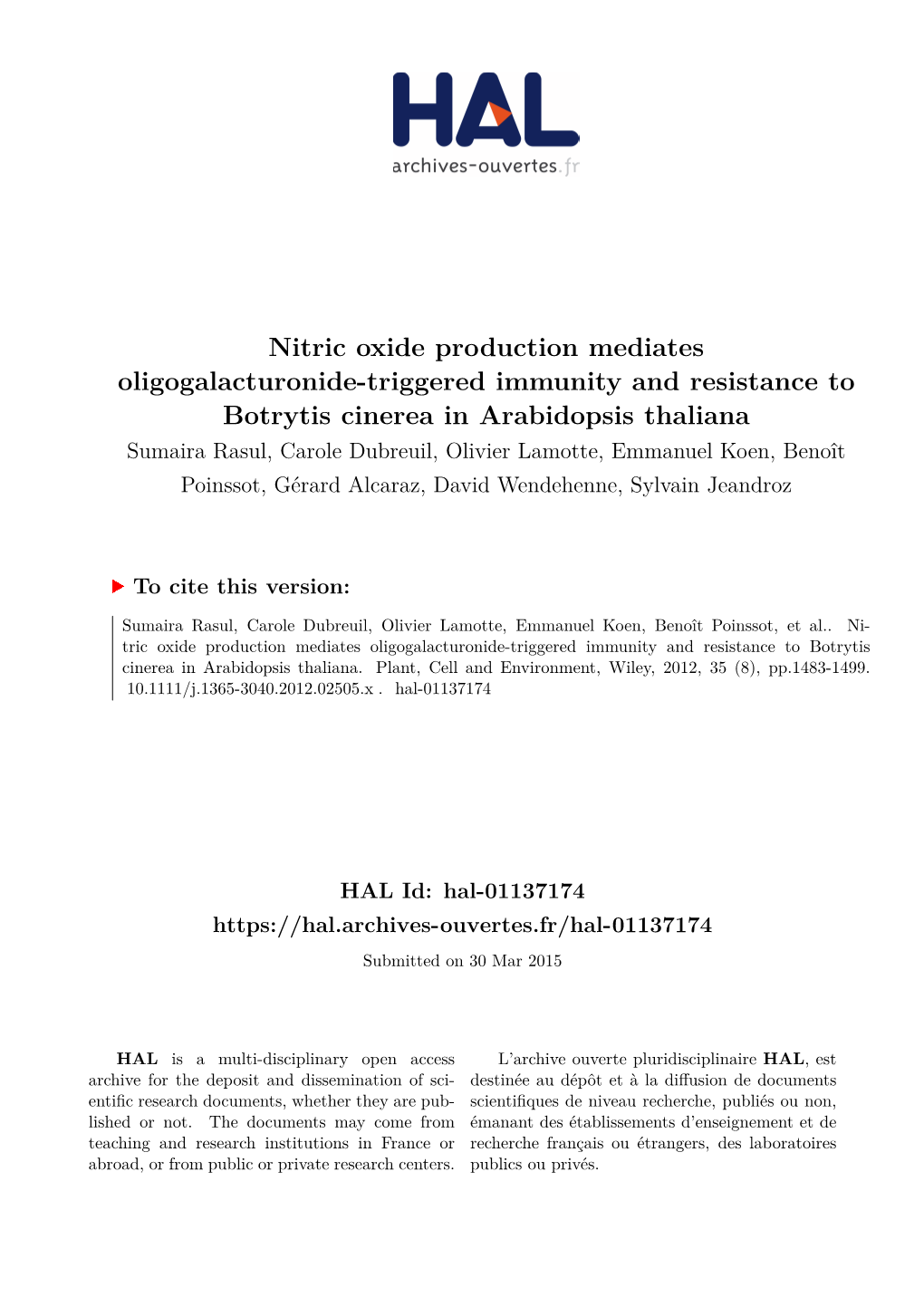 Nitric Oxide Production Mediates Oligogalacturonide-Triggered