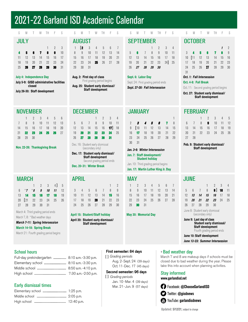 2021-22 GISD Academic Calendar