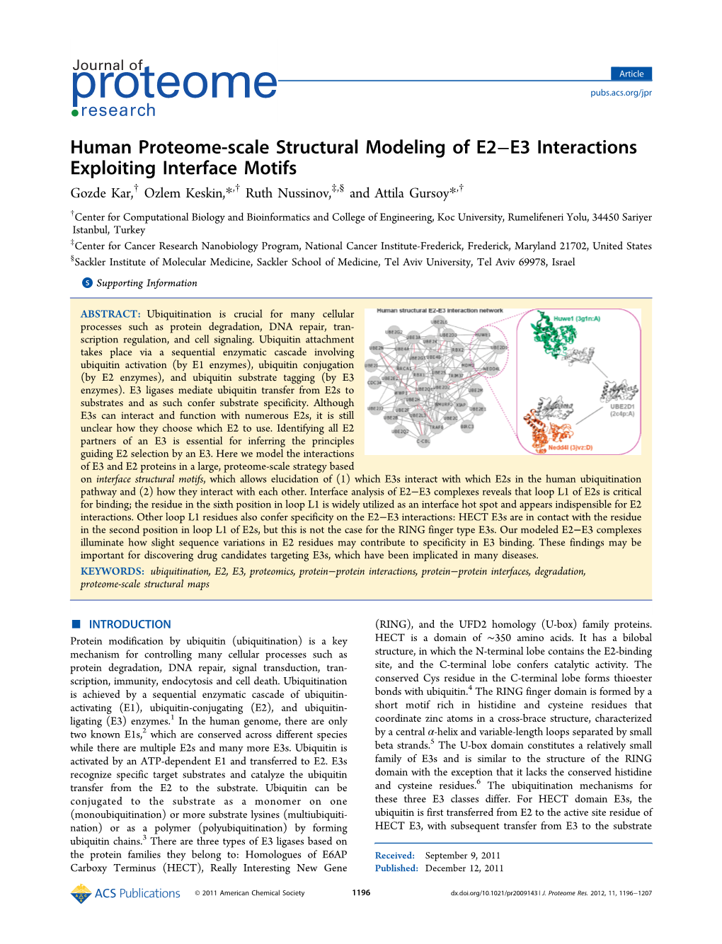 Human Proteome-Scale Structural Modeling of E2−E3 Interactions Exploiting Interface Motifs Gozde Kar,† Ozlem Keskin,*,† Ruth Nussinov,‡,§ and Attila Gursoy*,†