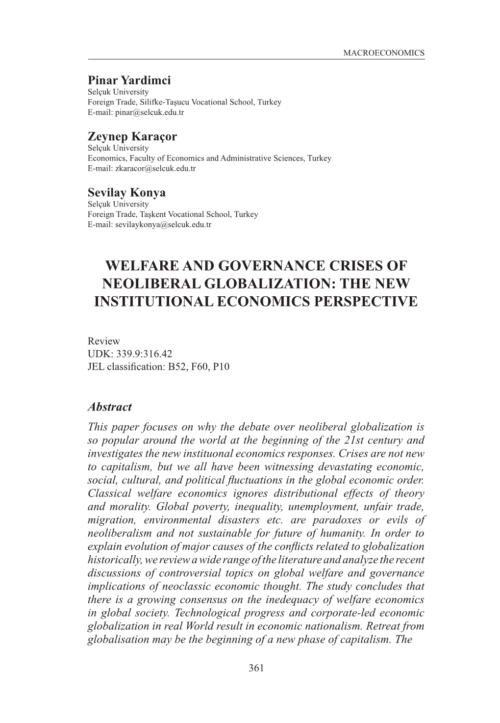 Welfare and Governance Crises of Neoliberal Globalization: the New Institutional Economics Perspective