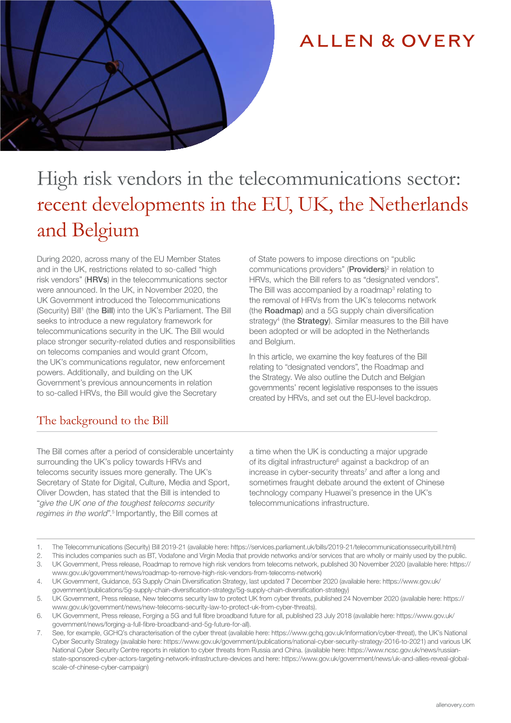 High Risk Vendors in the Telecommunications Sector: Recent Developments in the EU, UK, the Netherlands and Belgium