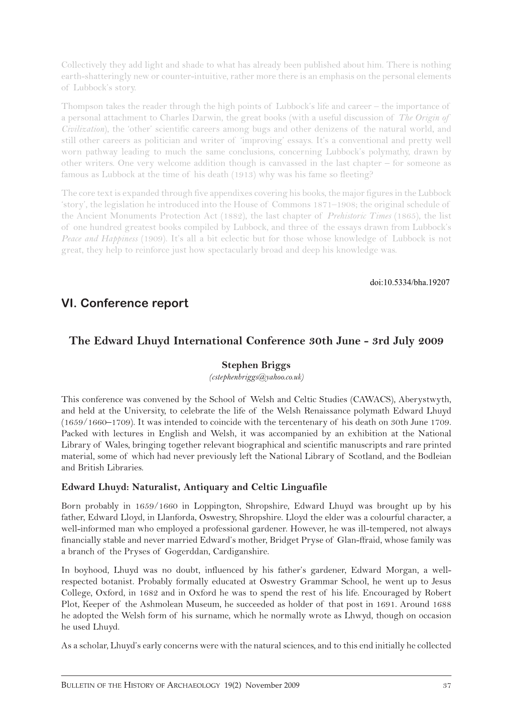 VI. Conference Report the Edward Lhuyd International Conference