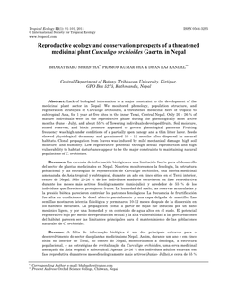 Reproductive Ecology and Conservation Prospects of a Threatened Medicinal Plant Curculigo Orchioides Gaertn