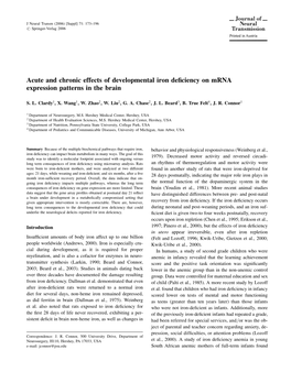 Acute and Chronic Effects of Developmental Iron Deficiency On