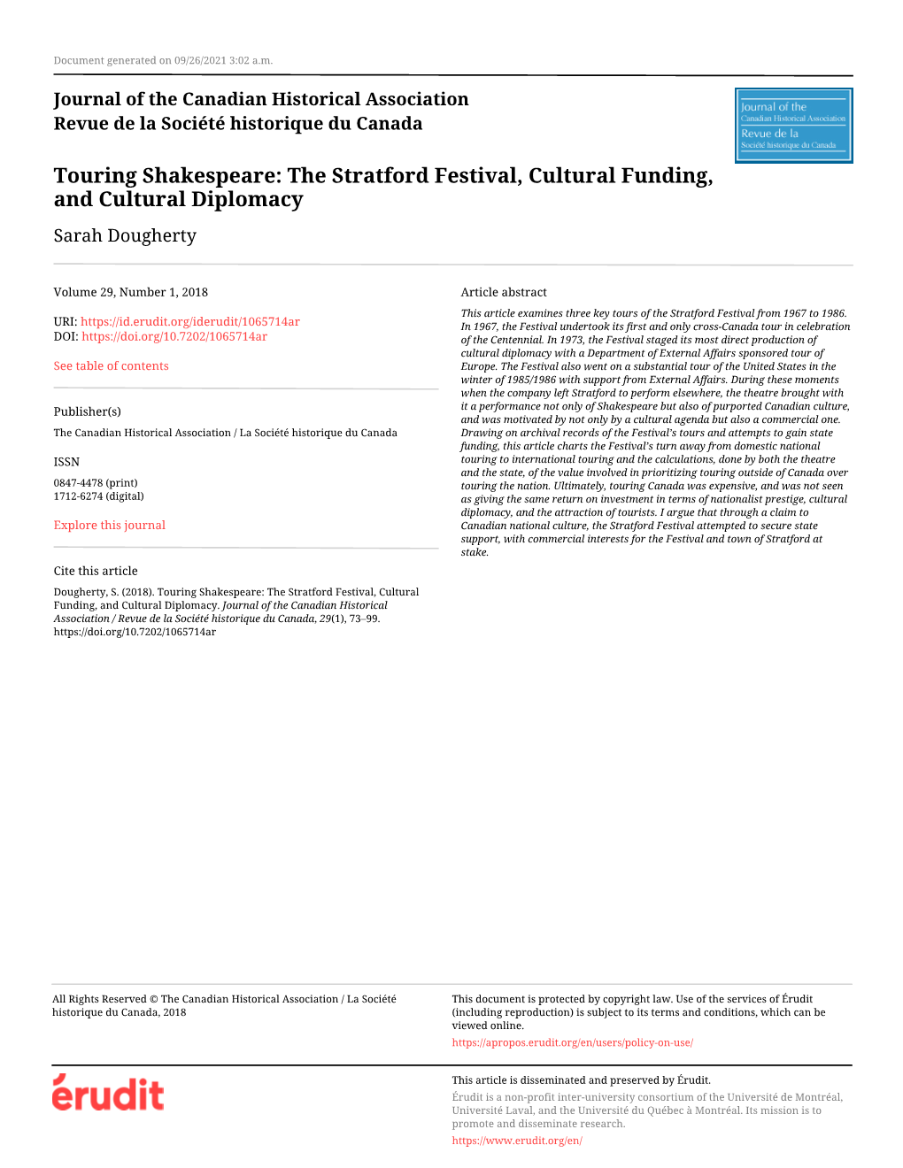 The Stratford Festival, Cultural Funding, and Cultural Diplomacy Sarah Dougherty