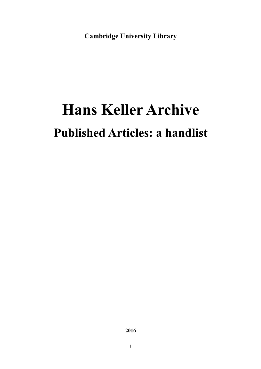 Hans Keller Archive Published Articles: a Handlist