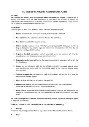 Fifa Rules for the Status and Transfer of Futsal Players