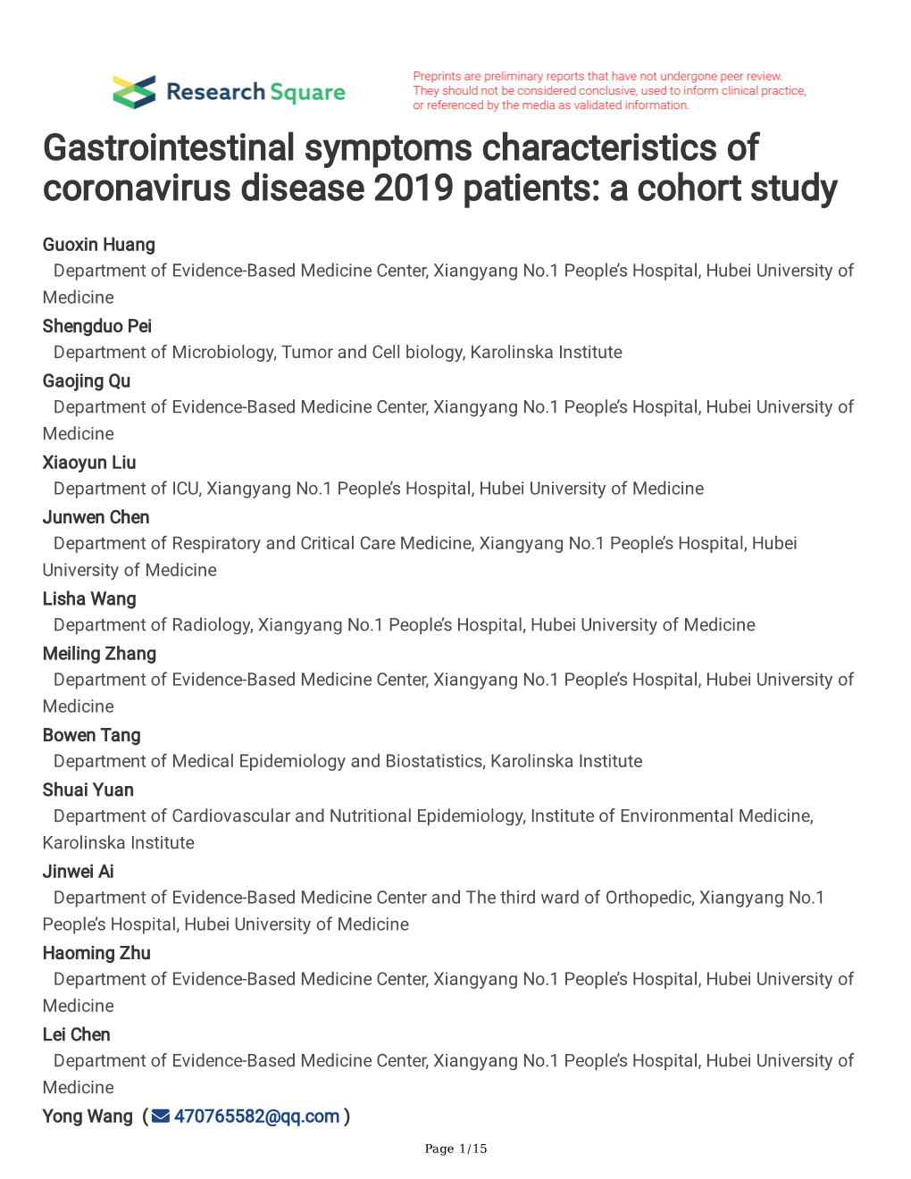 Gastrointestinal Symptoms Characteristics of Coronavirus Disease 2019 Patients: a Cohort Study