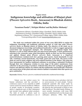 Indigenous Knowledge and Utilisation of Khajuri Plant (Phoenix Sylvestris Roxb., Arecaceae) in Bhadrak District, Odisha, India