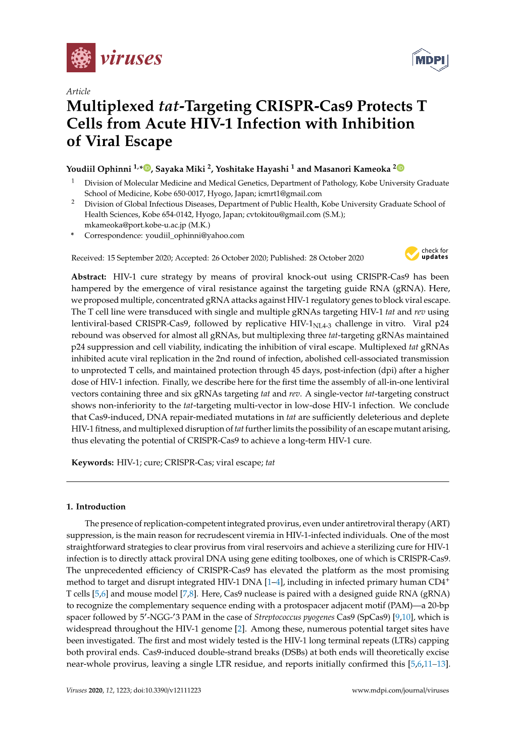 Multiplexed Tat-Targeting CRISPR-Cas9 Protects T Cells from Acute HIV-1 Infection with Inhibition of Viral Escape