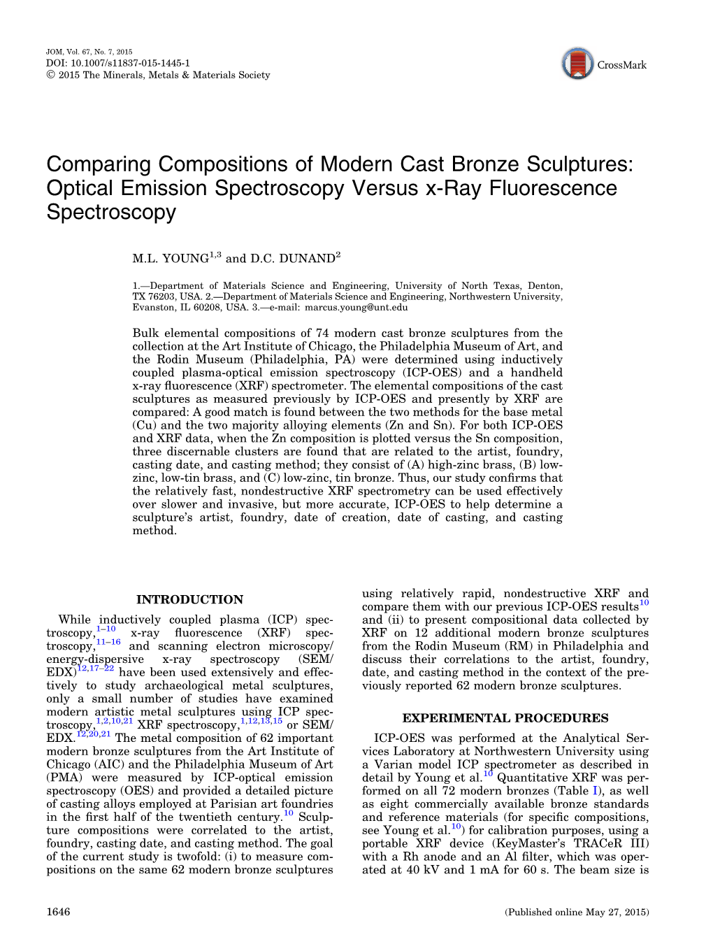 Comparing Compositions of Modern Cast Bronze Sculptures: Optical Emission Spectroscopy Versus X-Ray Fluorescence Spectroscopy