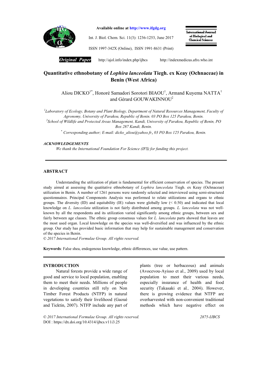 Quantitative Ethnobotany of Lophira Lanceolata Tiegh. Ex Keay (Ochnaceae) in Benin (West Africa)