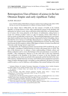 Retrospectives: Uses of History of Science in the Late Ottoman Empire and Early Republican Turkey