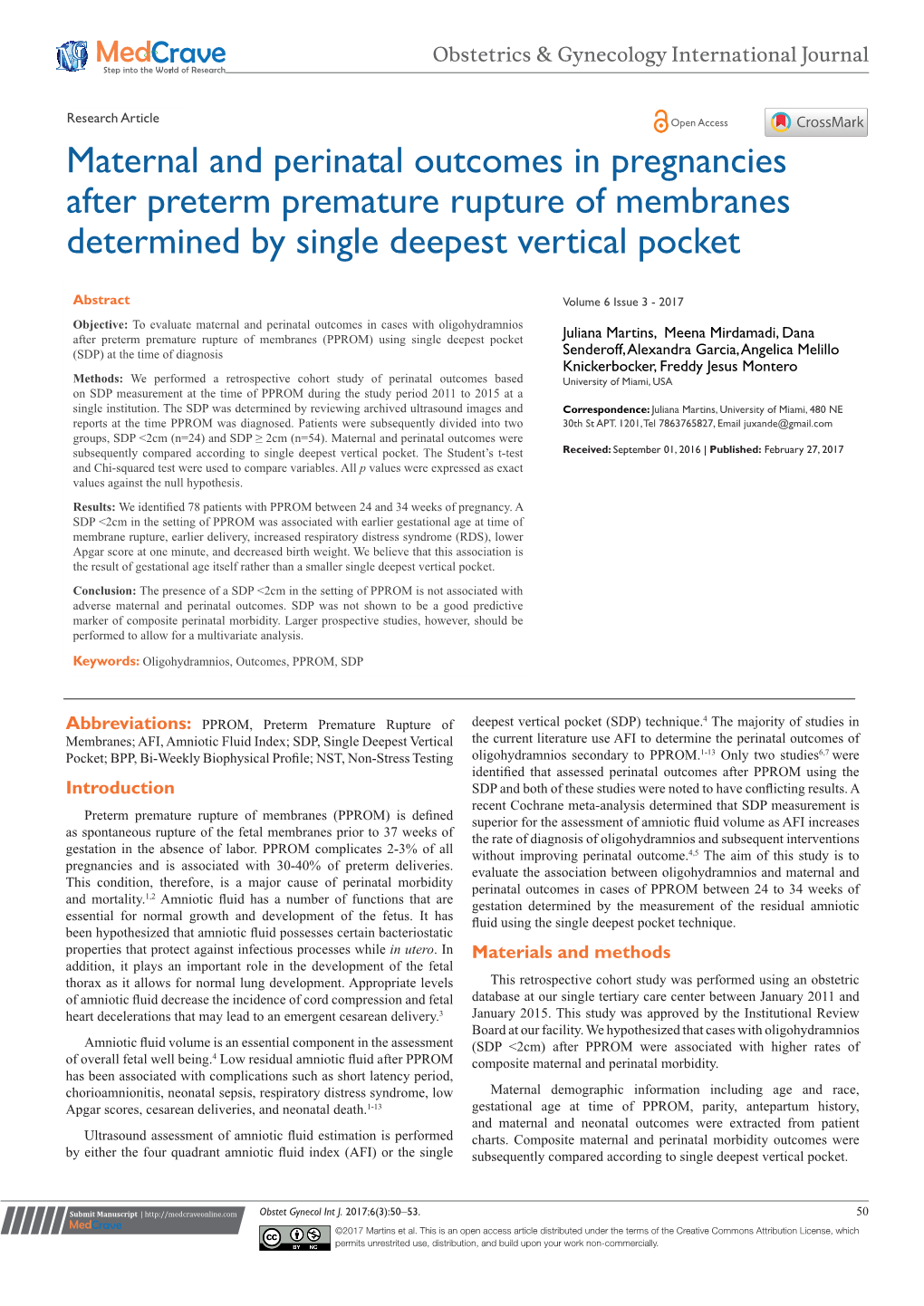 Maternal and Perinatal Outcomes in Pregnancies After Preterm Premature Rupture of Membranes Determined by Single Deepest Vertical Pocket