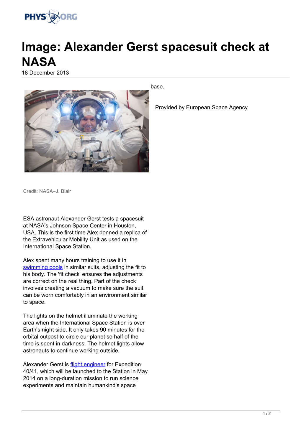Alexander Gerst Spacesuit Check at NASA 18 December 2013