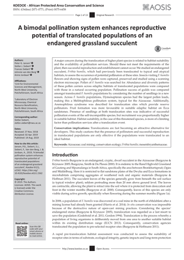 A Bimodal Pollination System Enhances Reproductive Potential of Translocated Populations of an Endangered Grassland Succulent
