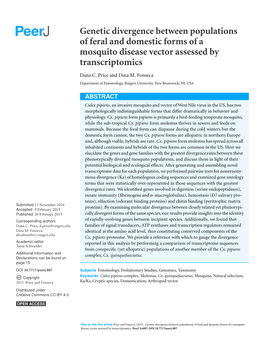 Genetic Divergence Between Populations of Feral and Domestic Forms of a Mosquito Disease Vector Assessed by Transcriptomics