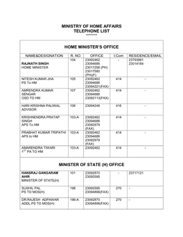 Ministry of Home Affairs Telephone List ********