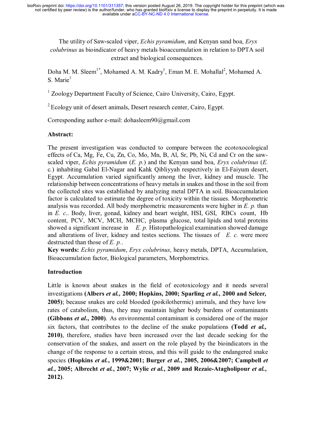 The Utility of Saw-Scaled Viper, Echis Pyramidum, and Kenyan Sand Boa