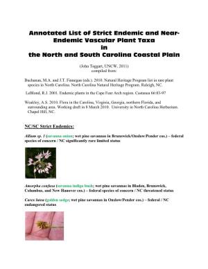 Endemic Vascular Plant Taxa in the North and South Carolina Coastal Plain