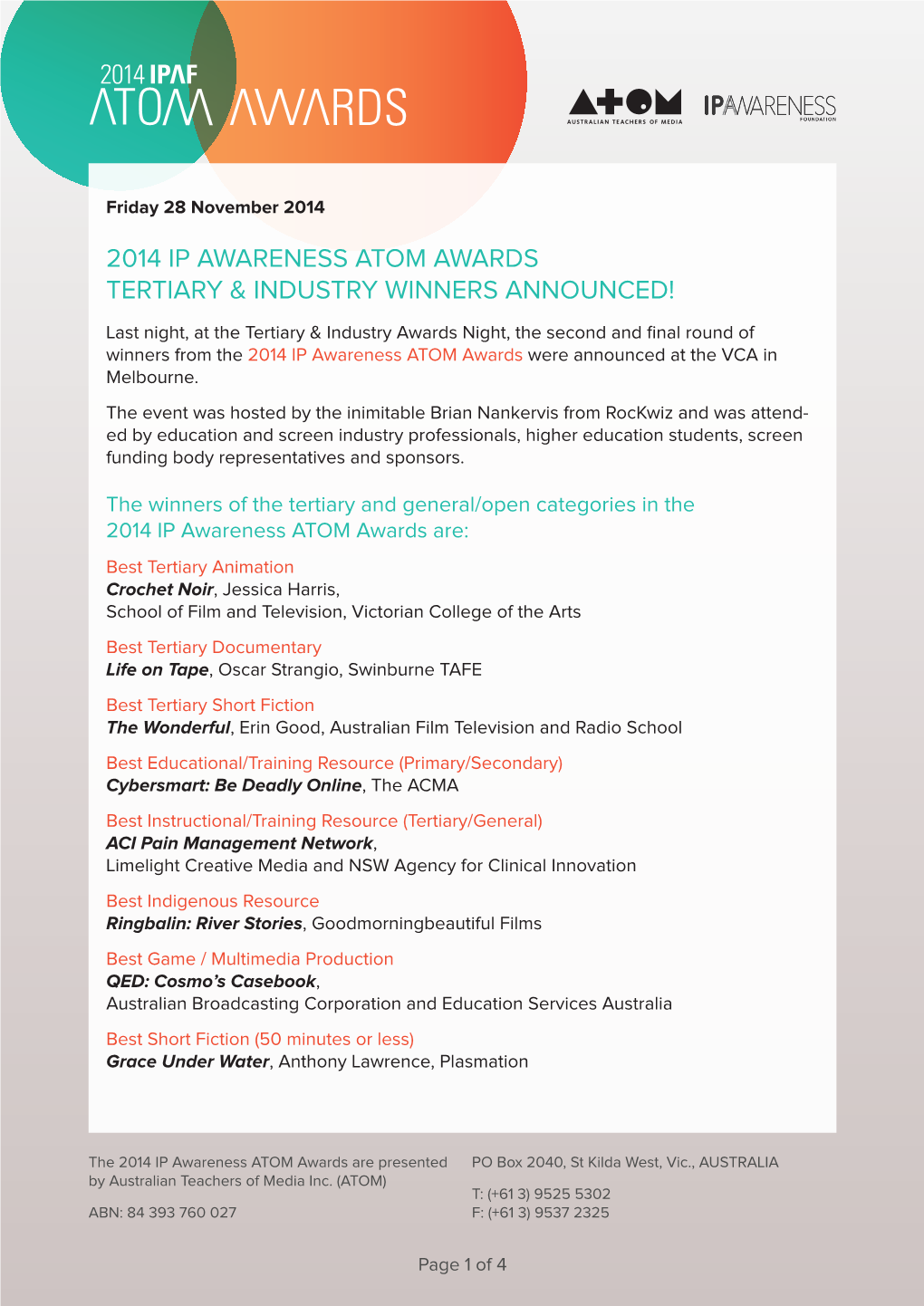 2014 Ip Awareness Atom Awards Tertiary & Industry