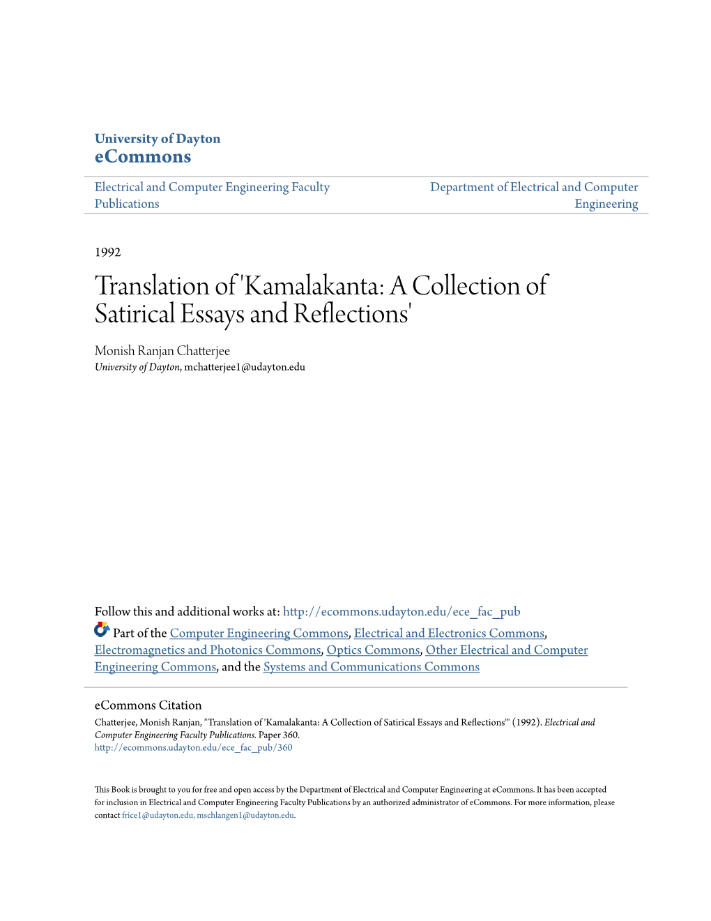 Kamalakanta: a Collection of Satirical Essays and Reflections' Monish Ranjan Chatterjee University of Dayton, Mchatterjee1@Udayton.Edu
